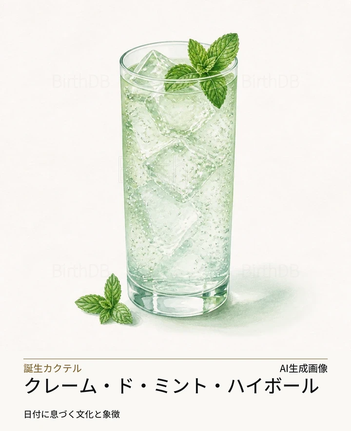 クレーム・ド・ミント・ハイボール — BirthDBのシンボルイラスト（AI生成画像）