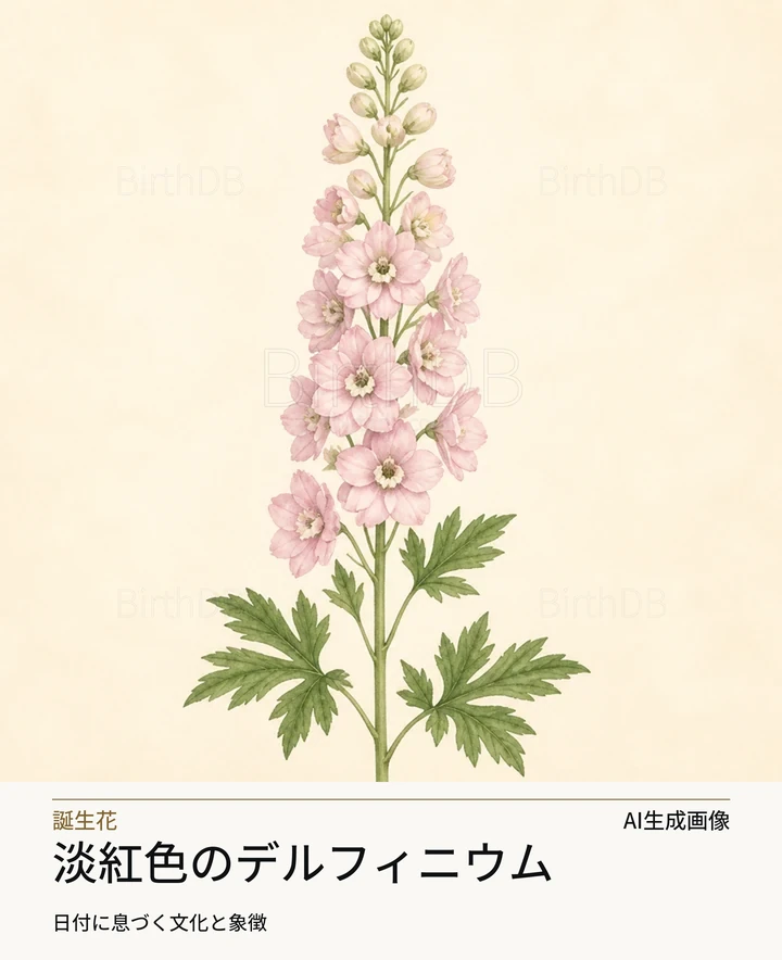 淡紅色のデルフィニウム — BirthDBのシンボルイラスト(AI生成画像)