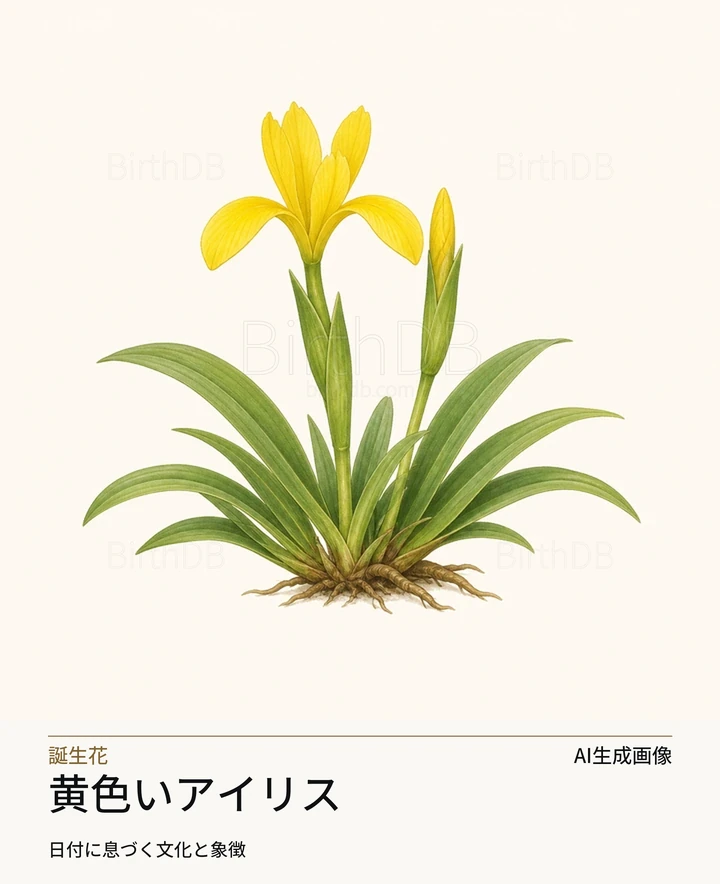 黄色いアイリス — BirthDBのシンボルイラスト（AI生成画像）