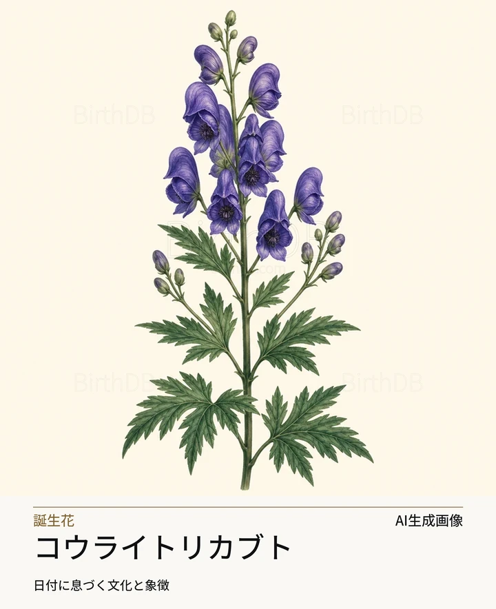 コウライトリカブト — BirthDBのシンボルイラスト（AI生成画像）