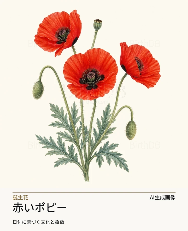 赤いポピー — BirthDBのシンボルイラスト（AI生成画像）