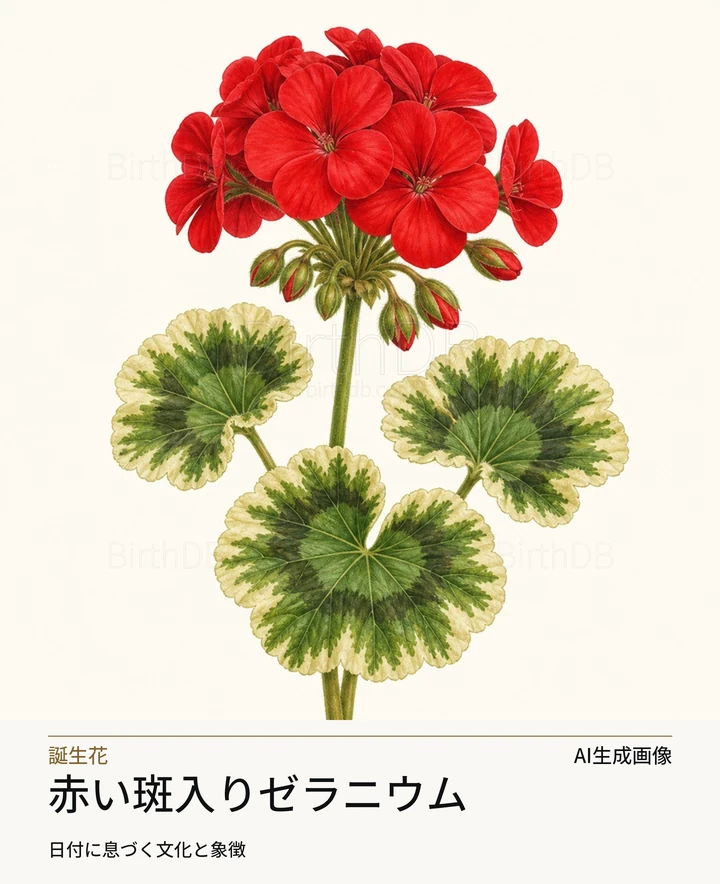 赤い斑入りゼラニウム — BirthDBのシンボルイラスト（AI生成画像）