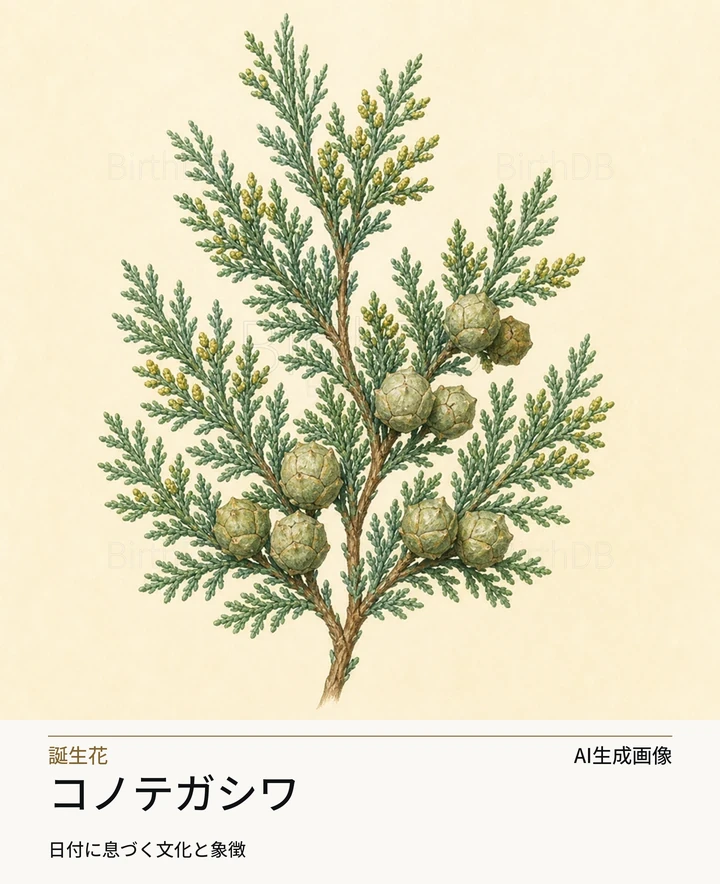 コノテガシワ — BirthDBのシンボルイラスト（AI生成画像）