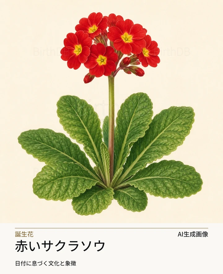 赤いサクラソウ — BirthDBのシンボルイラスト(AI生成画像)