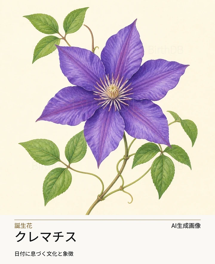 クレマチス — BirthDBのシンボルイラスト（AI生成画像）