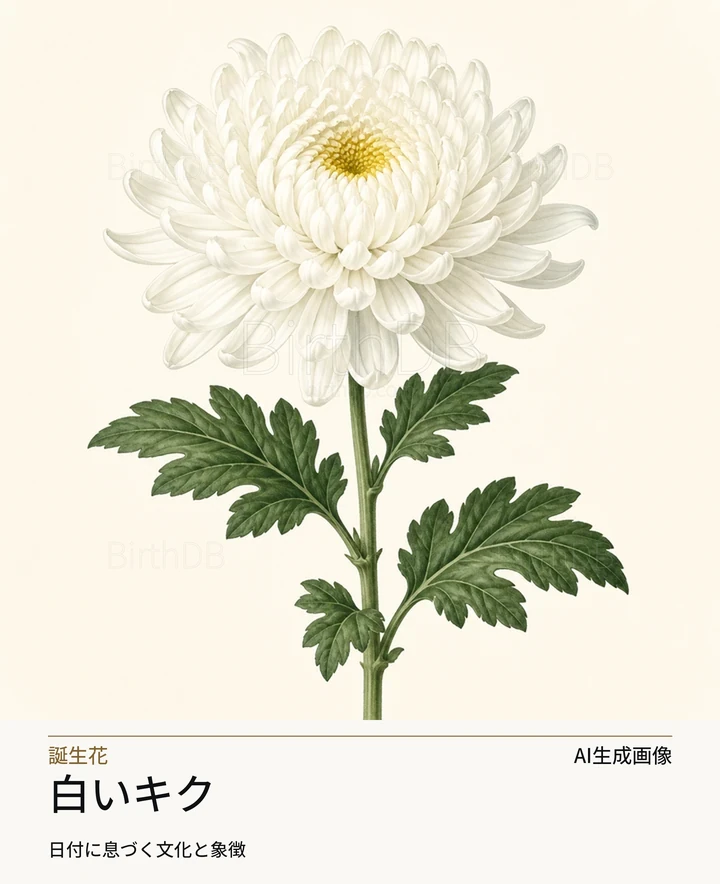 白いキク — BirthDBのシンボルイラスト（AI生成画像）