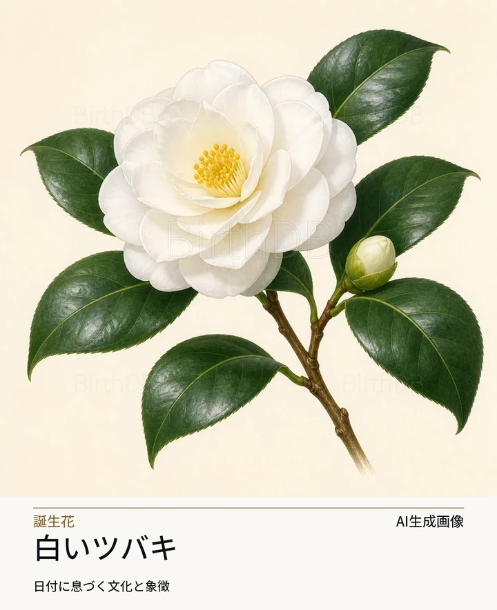 白いツバキ — BirthDBのシンボルイラスト（AI生成画像）