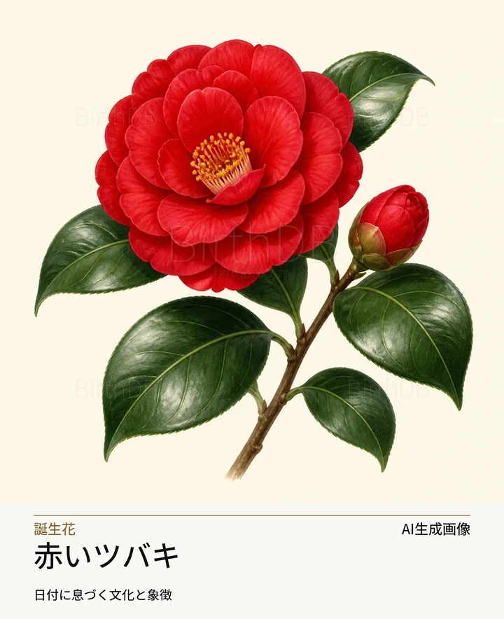 赤いツバキ — BirthDBのシンボルイラスト(AI生成画像)