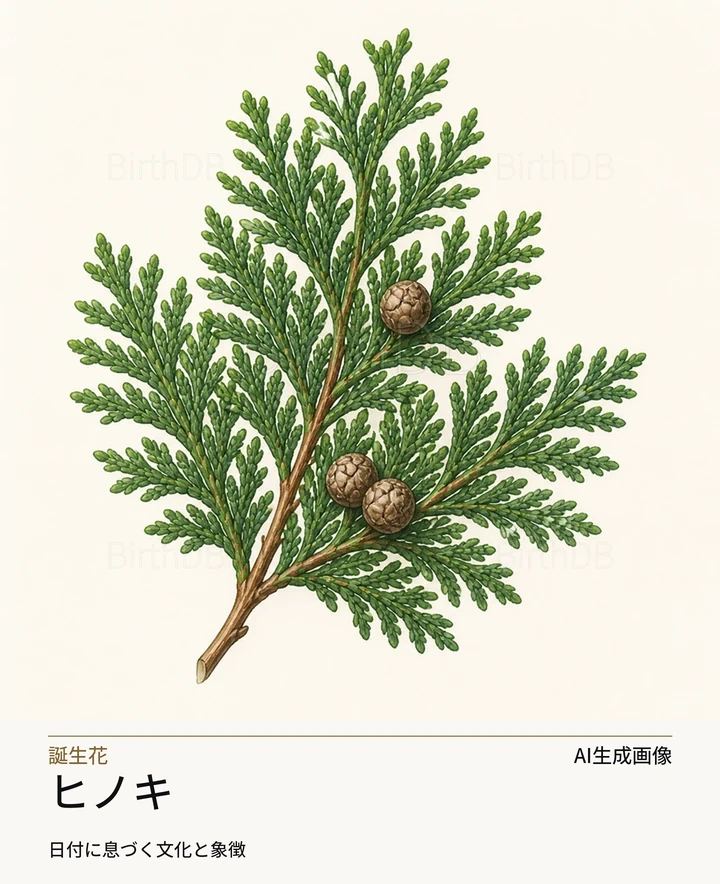 ヒノキ — BirthDBのシンボルイラスト（AI生成画像）