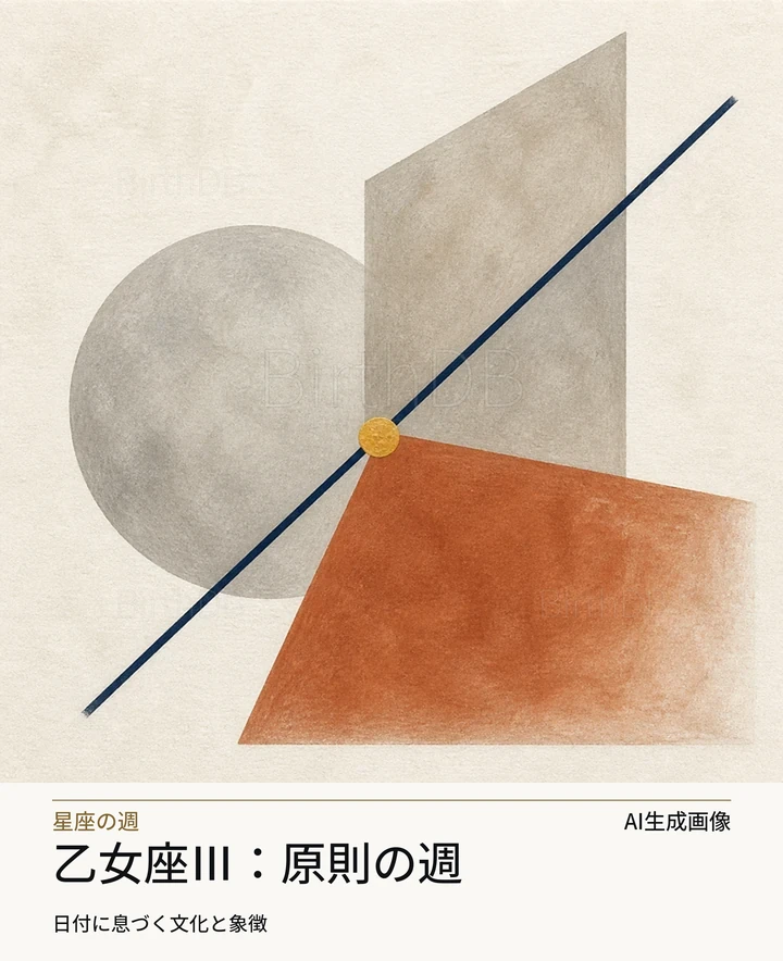 乙女座Ⅲ:原則の週 — BirthDBのシンボルイラスト(AI生成画像)