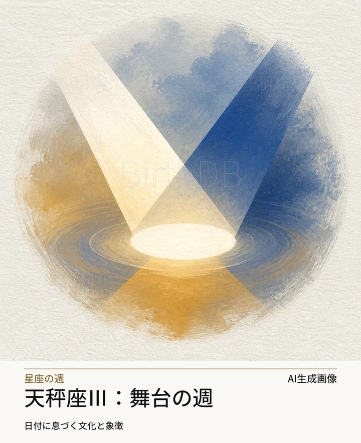 天秤座Ⅲ：舞台の週 — BirthDBのシンボルイラスト（AI生成画像）