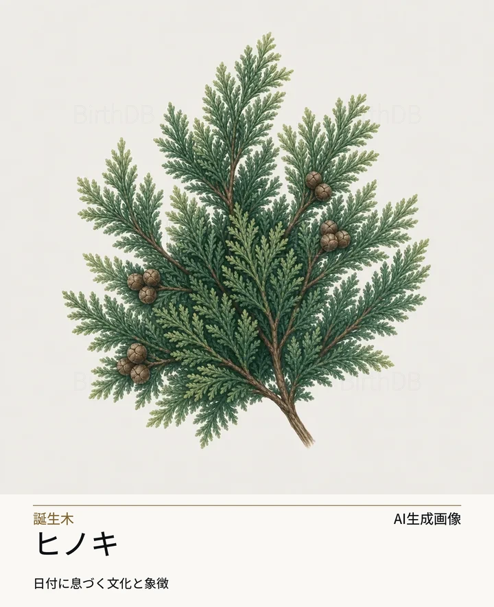 ヒノキ — BirthDBのシンボルイラスト(AI生成画像)